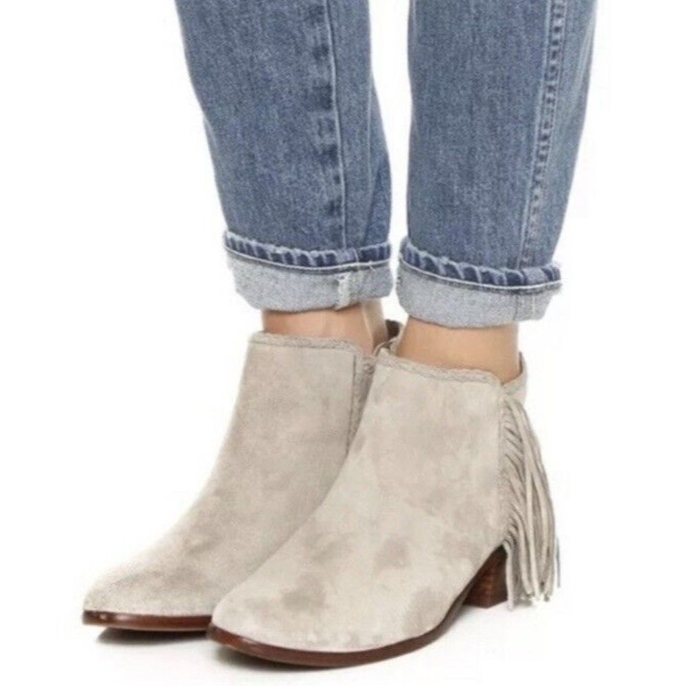 Sam Edelman Women's Paige Ankle Boot Size 6.5 Beige Tan Suede Block Heel Fringe